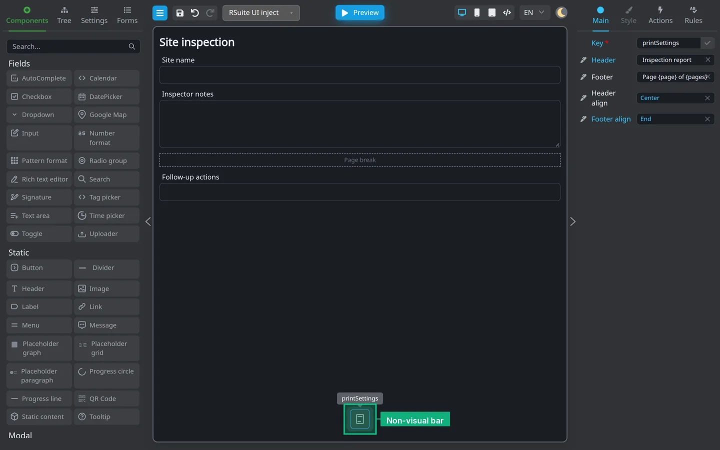 Canvas bottom bar with a Print settings chip selected.