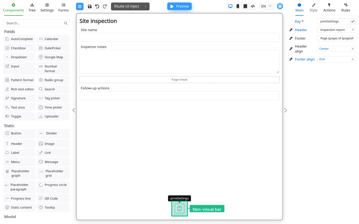 Canvas bottom bar with a Print settings chip selected.