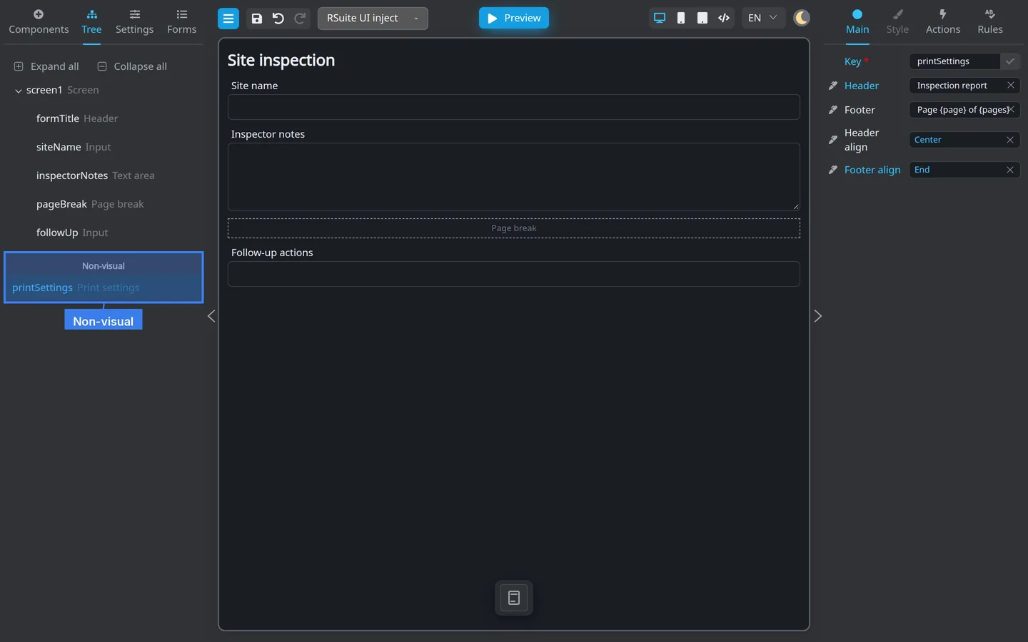 Tree tab showing Screen, then a Non-visual section with Print settings listed below.