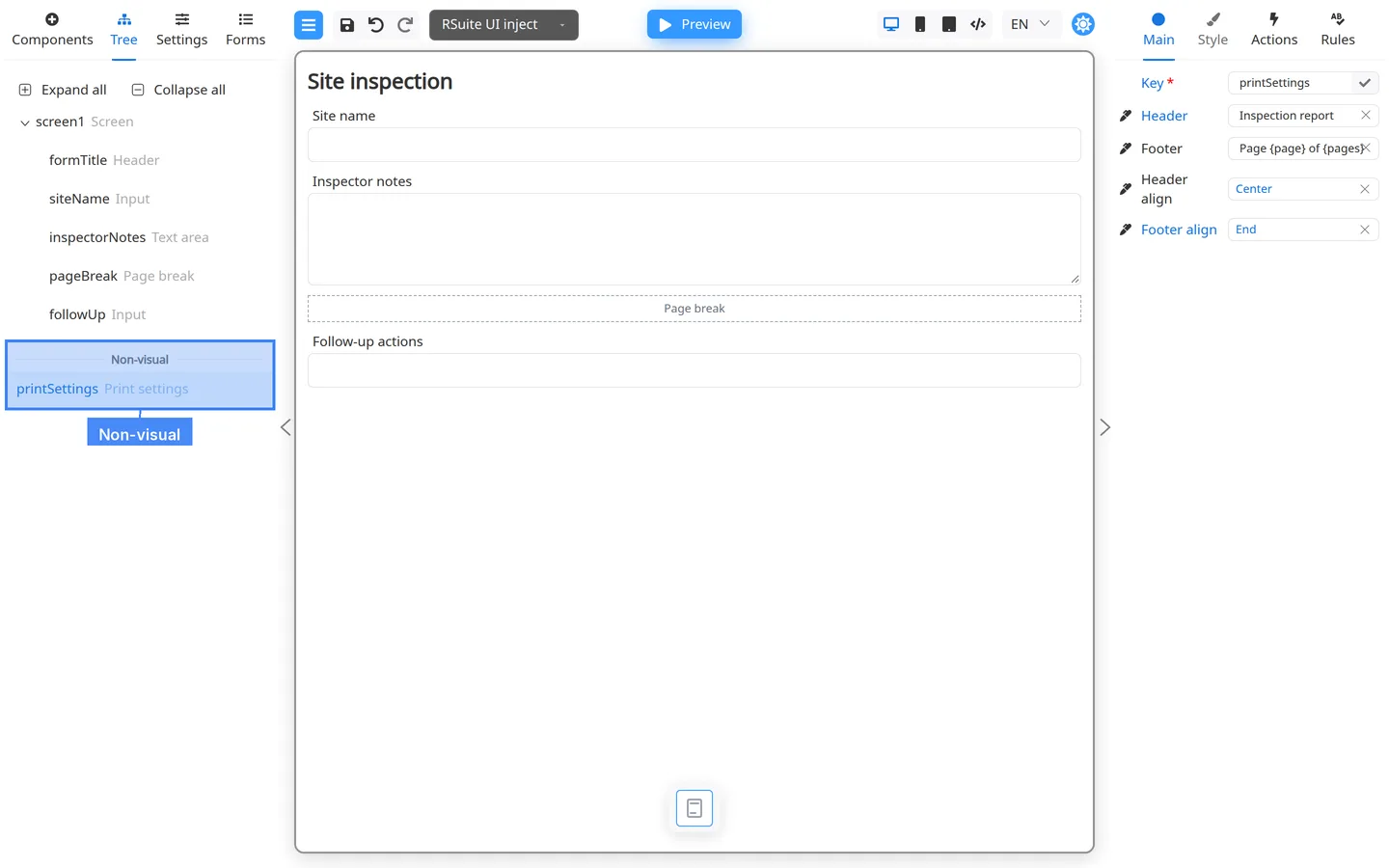Tree tab showing Screen, then a Non-visual section with Print settings listed below.