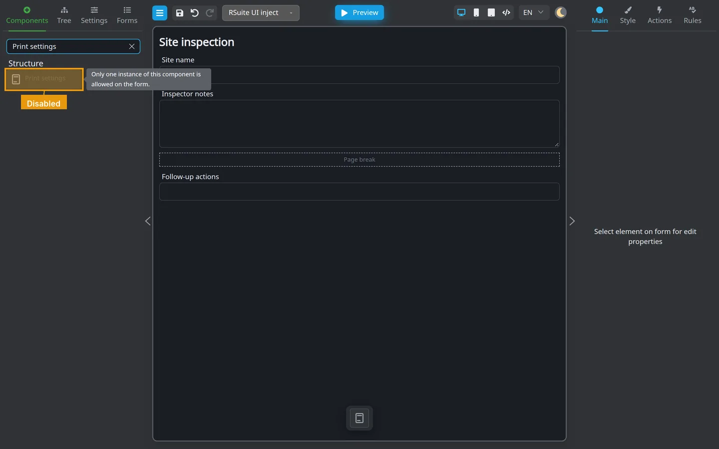 Components palette with Print settings disabled after one instance is already on the form.