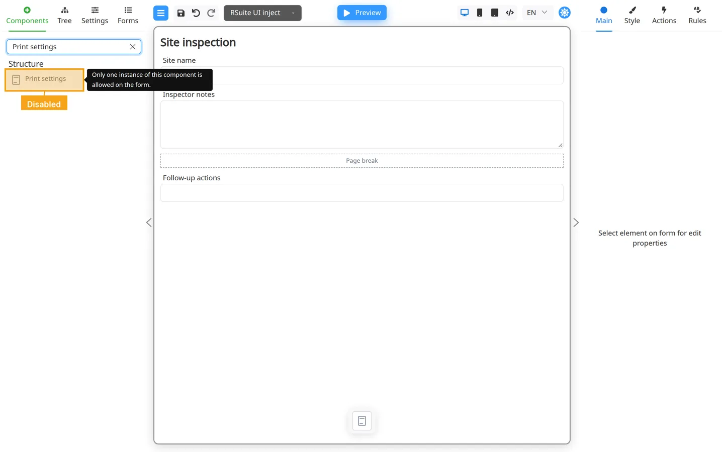 Components palette with Print settings disabled after one instance is already on the form.