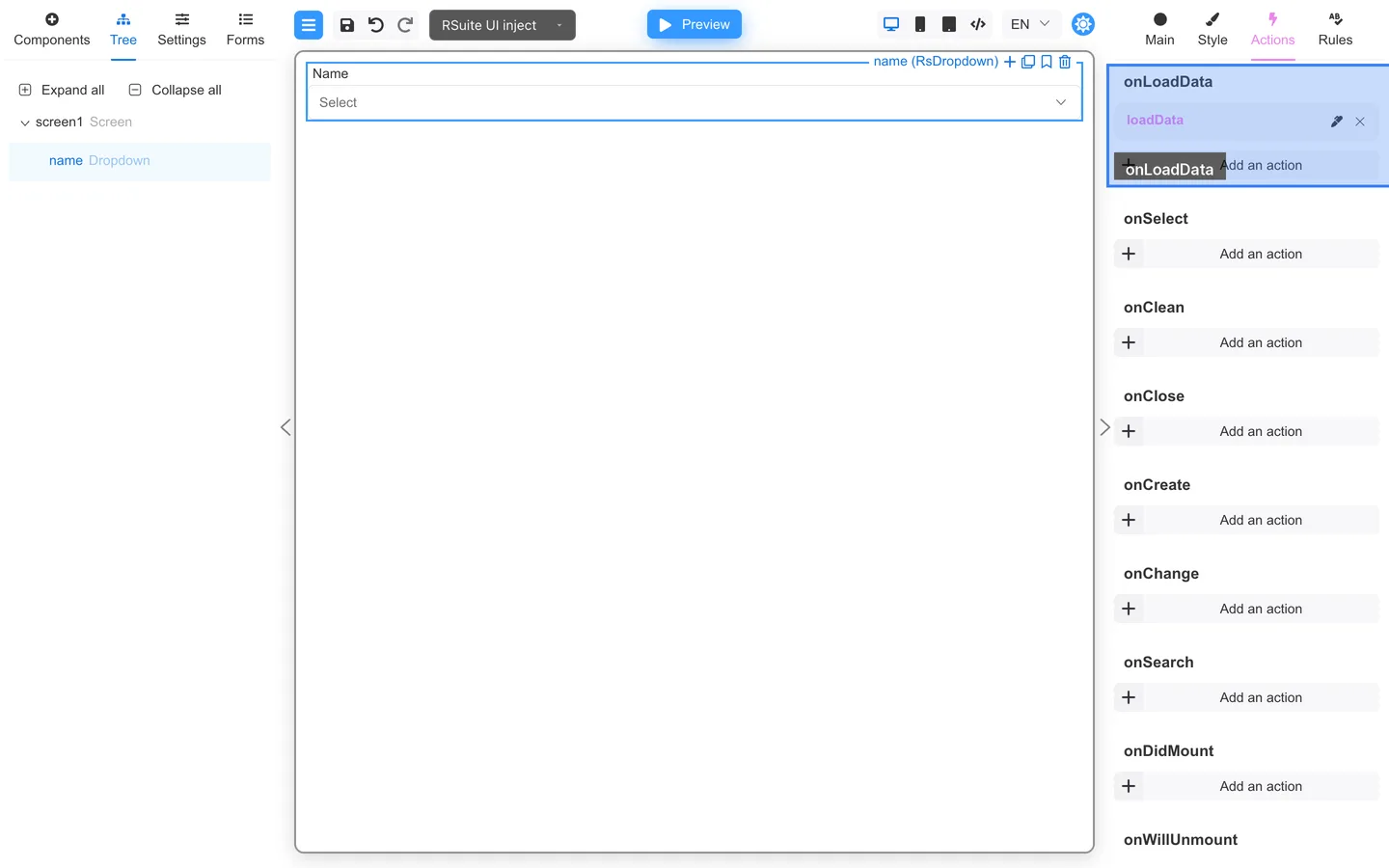 Dropdown Actions tab with onLoadData bound to a loadData action.