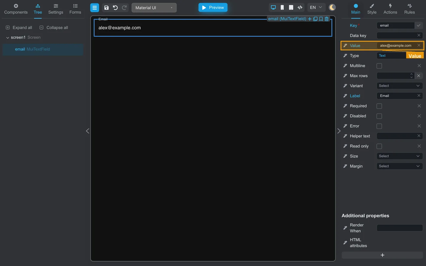 Main tab Value field filled with a static default email.