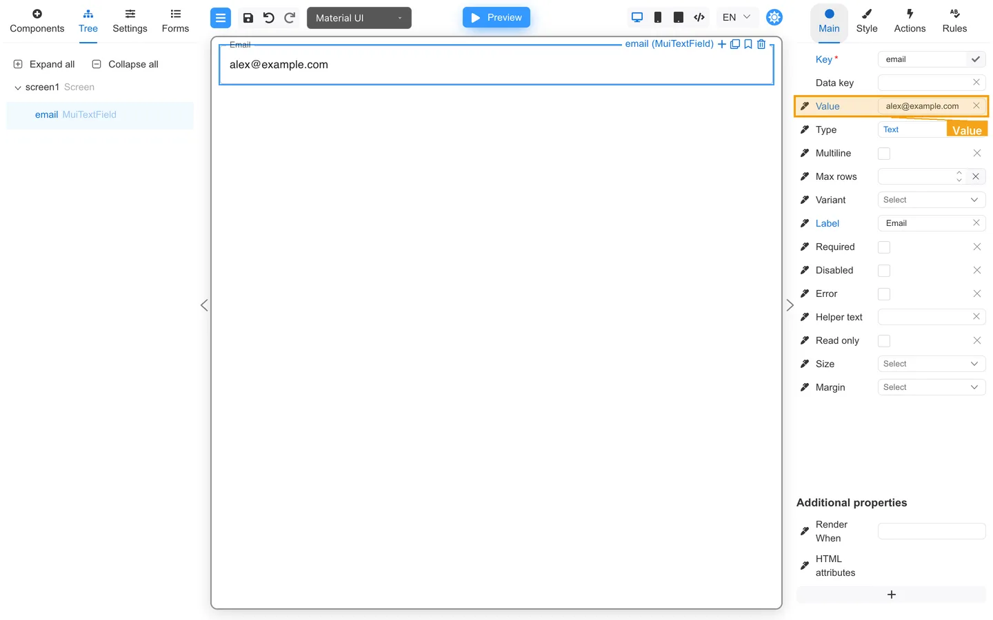 Main tab Value field filled with a static default email.