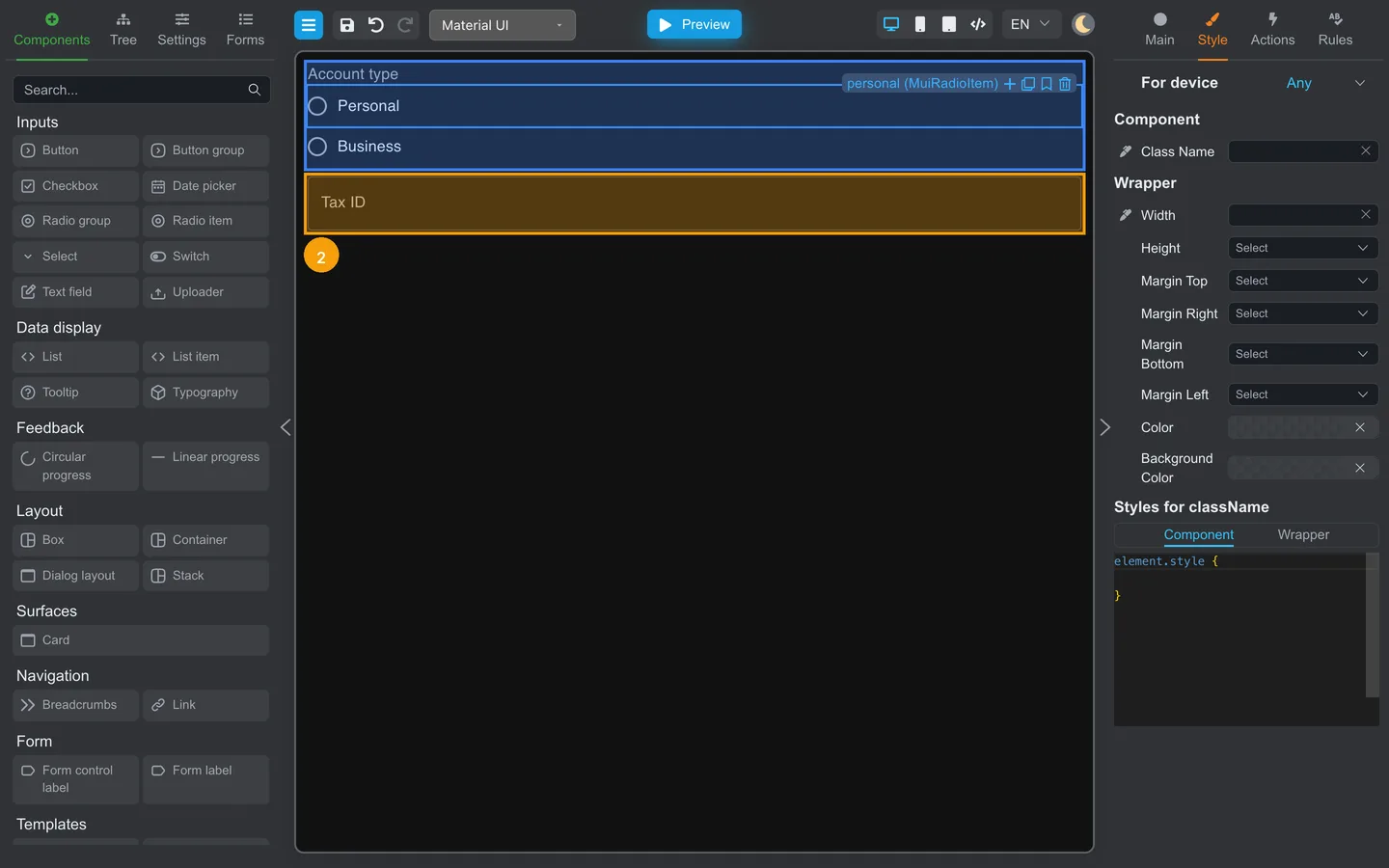 Account type and Tax ID fields on the canvas.