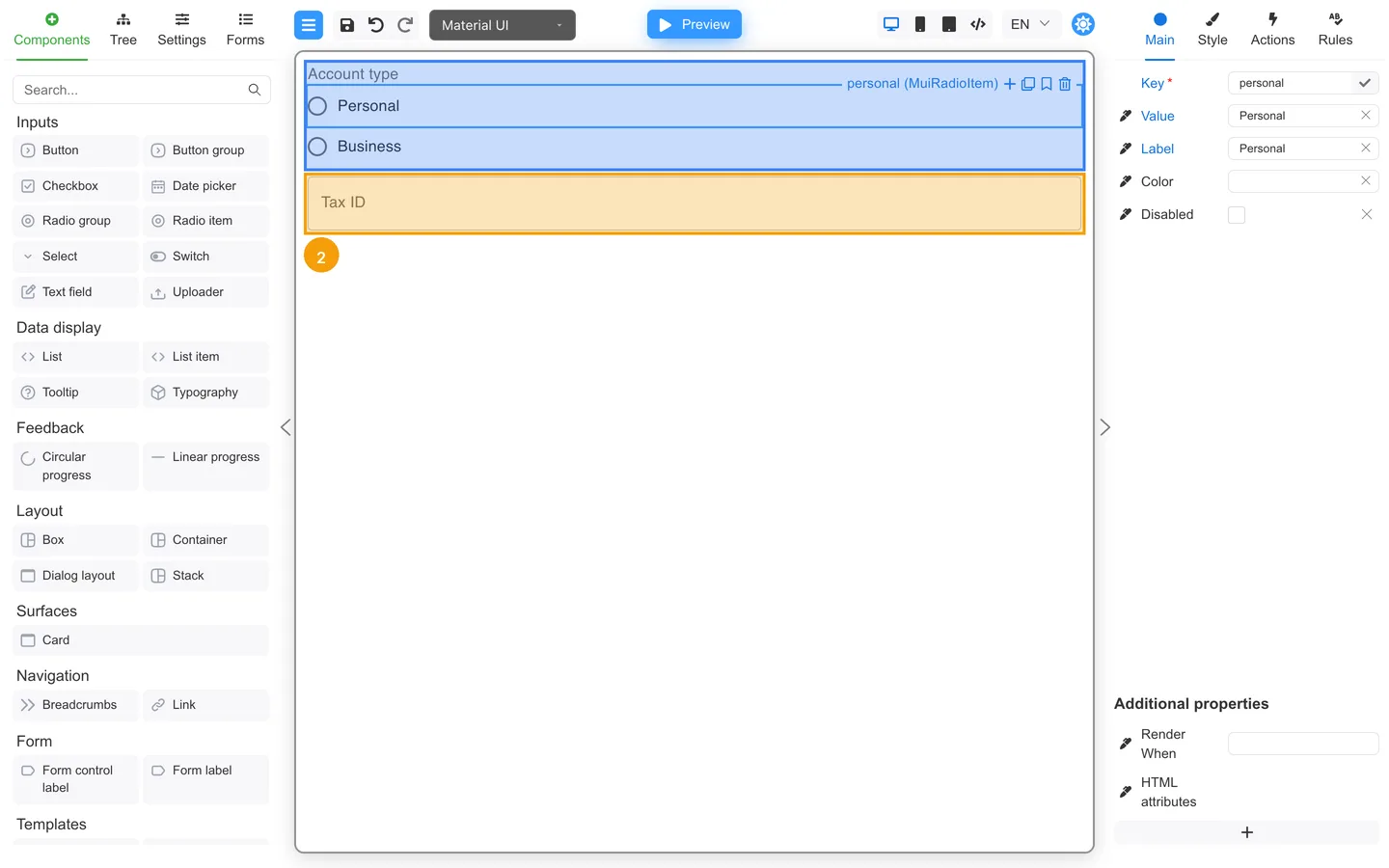 Account type and Tax ID fields on the canvas.