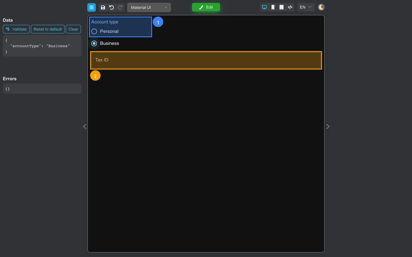 Preview mode with Business selected and Tax ID field visible.