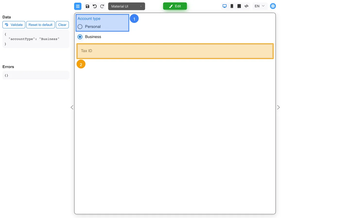 Preview mode with Business selected and Tax ID field visible.