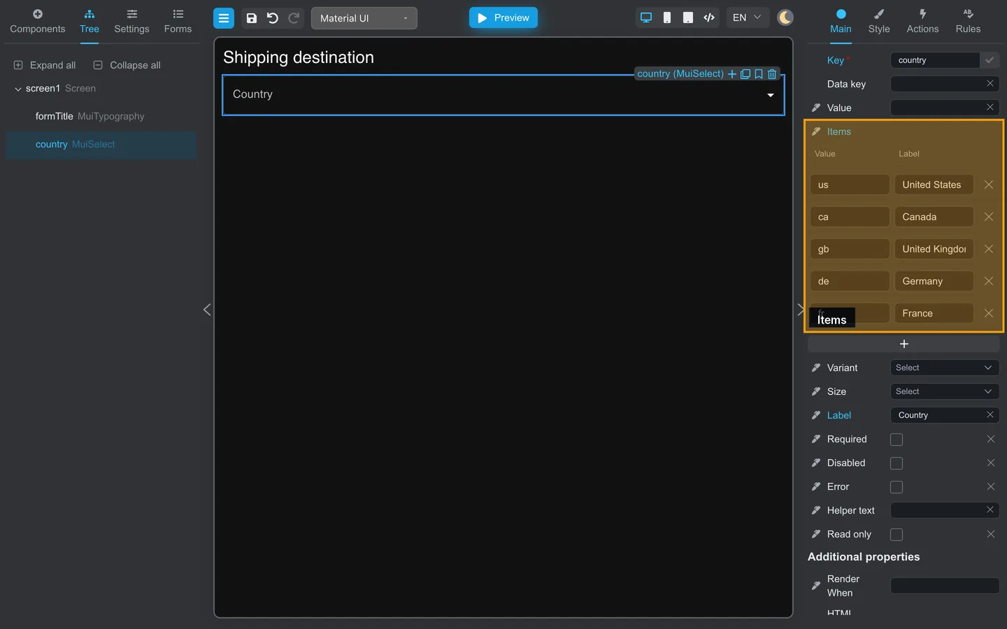 Select component on Main with the Items options table highlighted.