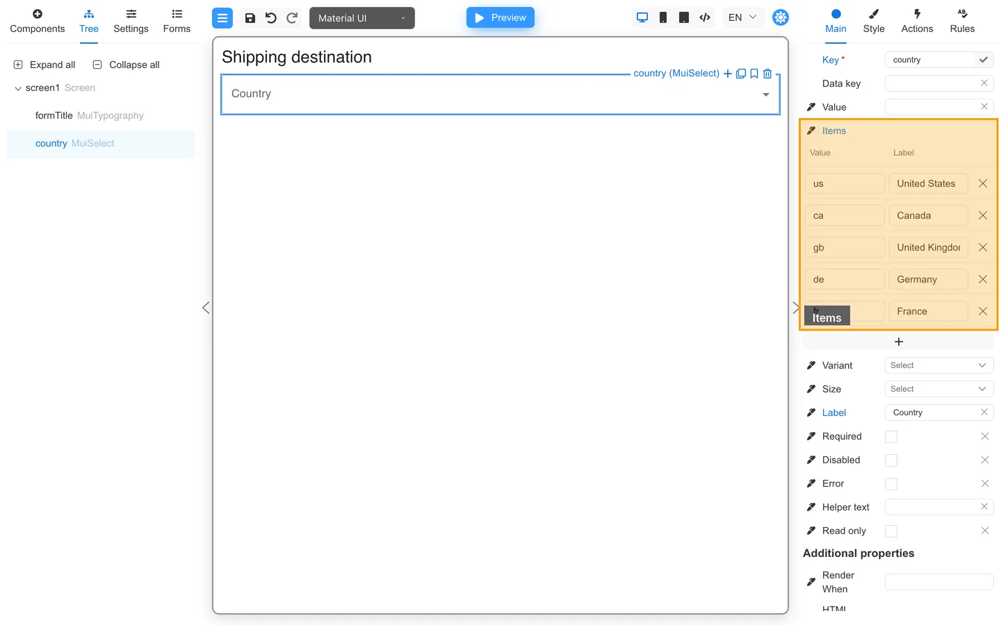 Select component on Main with the Items options table highlighted.