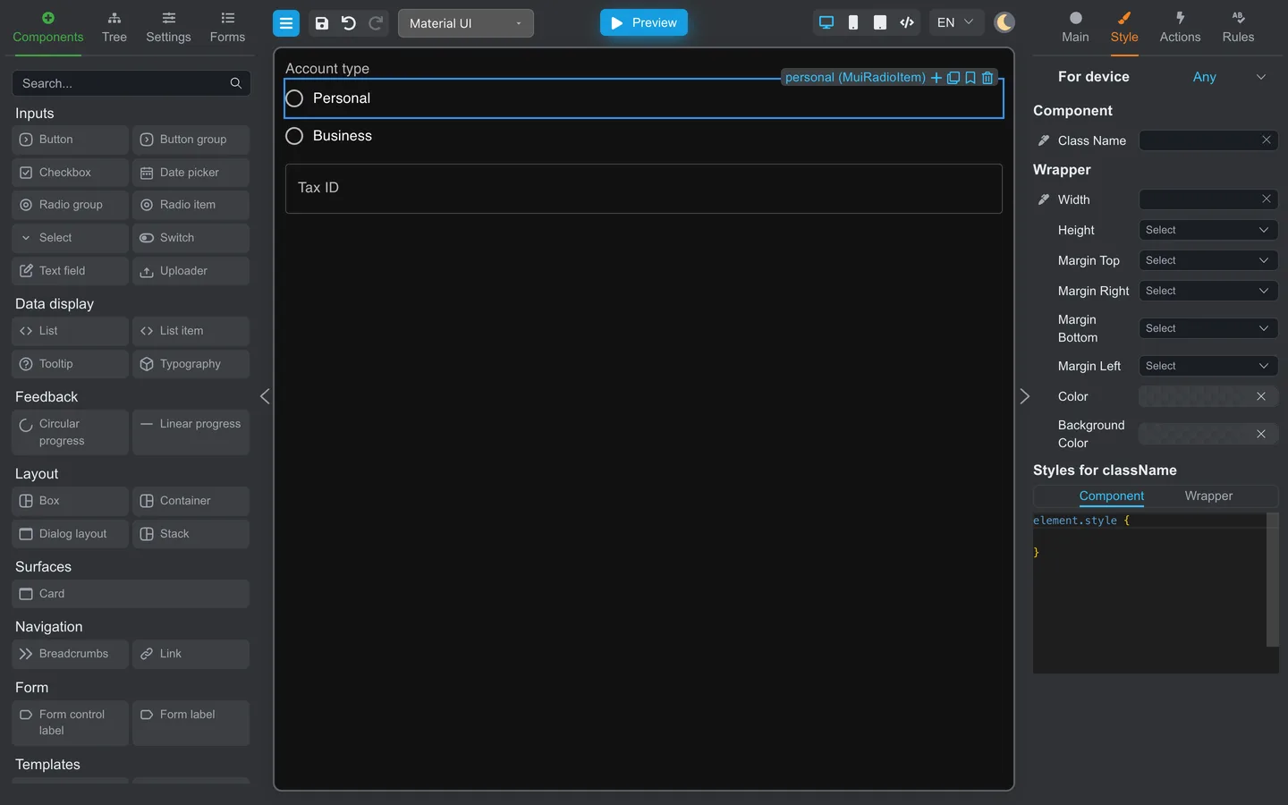Form with conditional fields on the canvas.