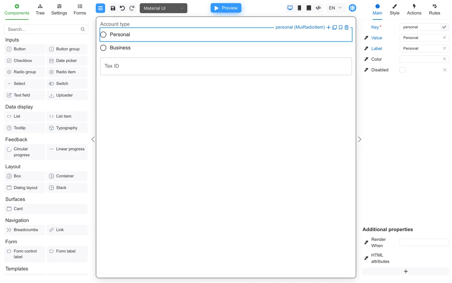 Form with conditional fields on the canvas.