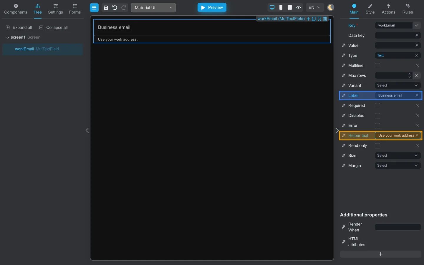 Main tab with Label and Helper text set to Business email and Use your work address.
