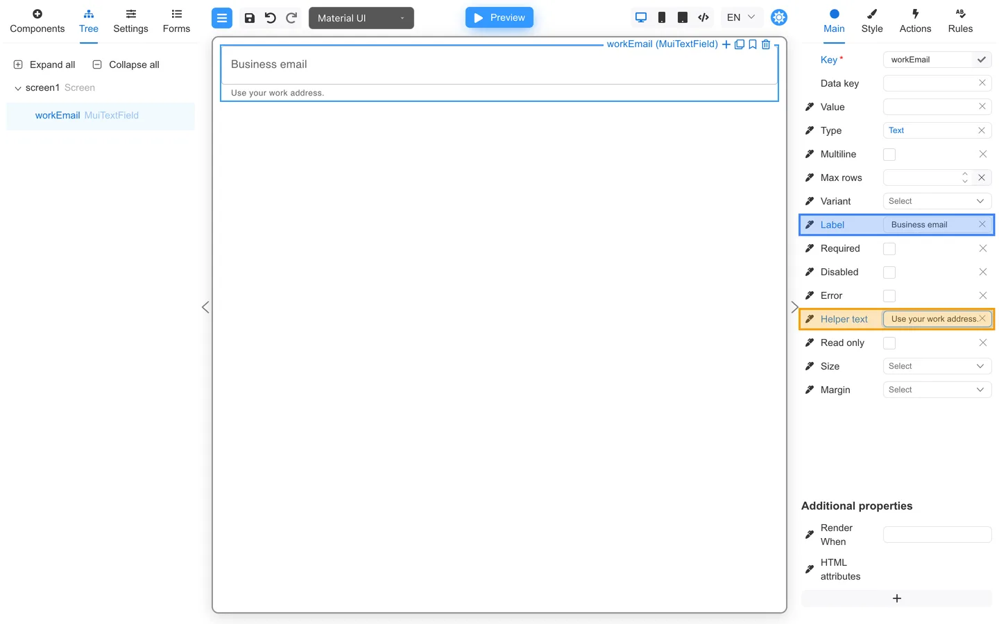 Main tab with Label and Helper text set to Business email and Use your work address.