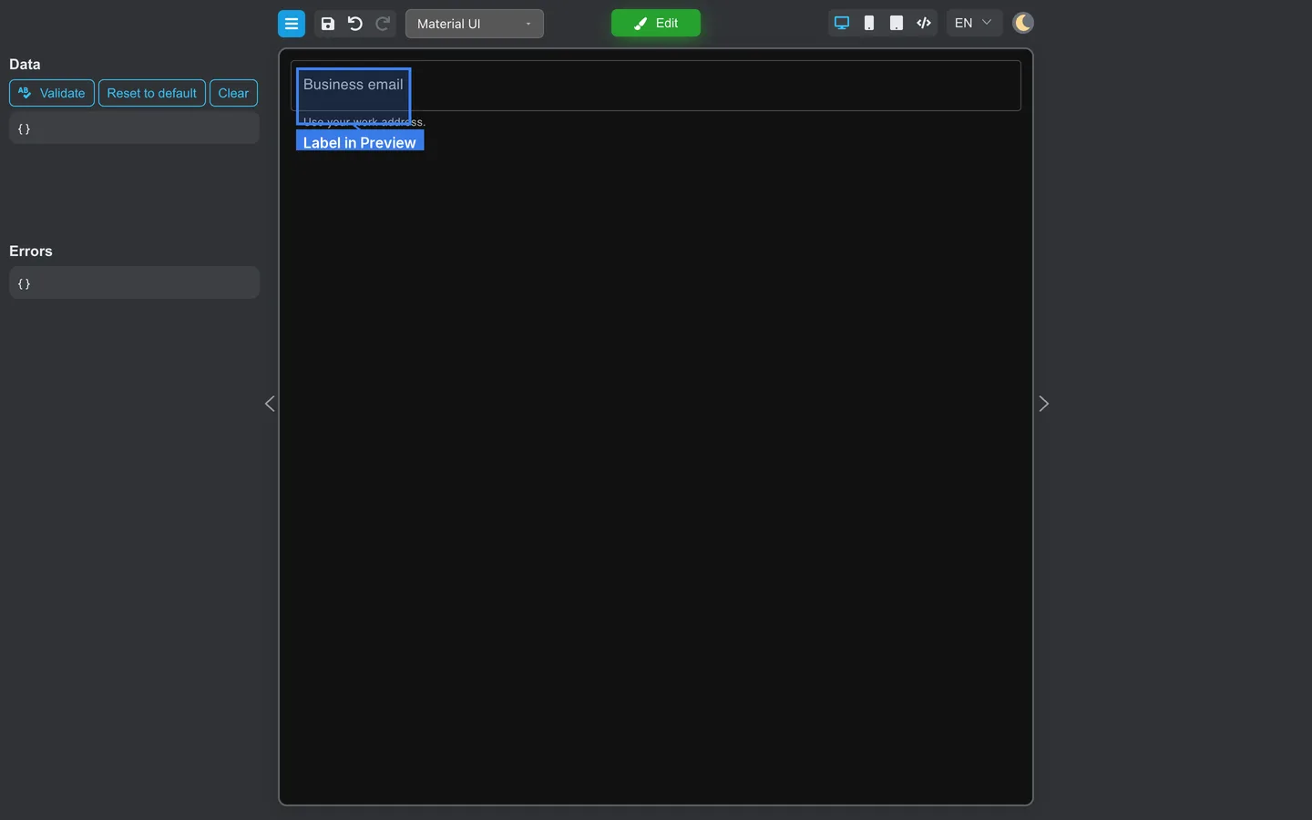 Preview mode showing the updated Business email label and helper text.