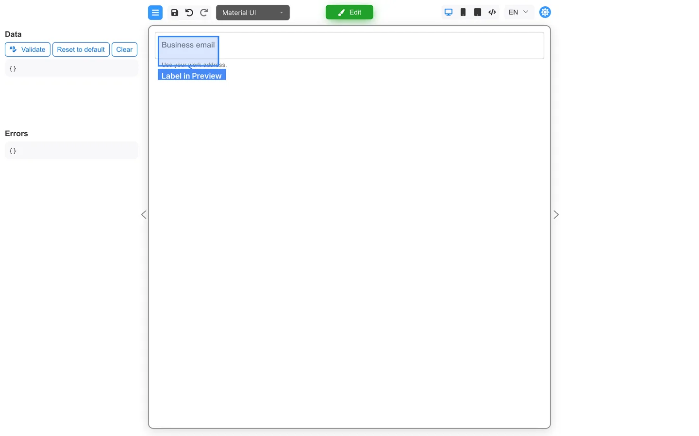 Preview mode showing the updated Business email label and helper text.