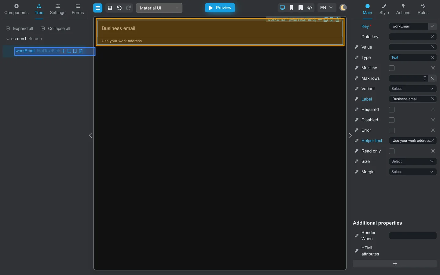 workEmail selected in Tree and the Business email field selected on the canvas.