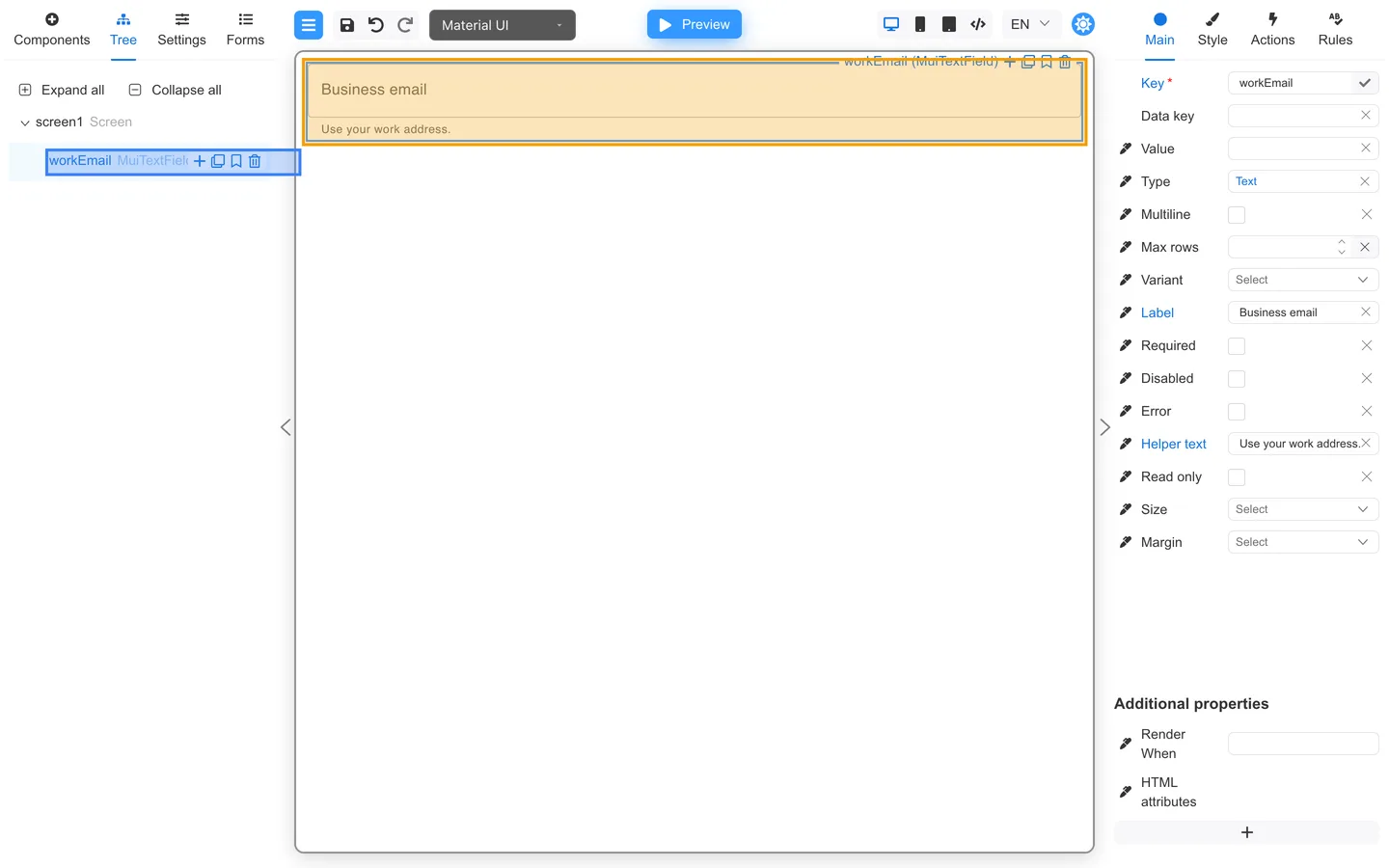 workEmail selected in Tree and the Business email field selected on the canvas.