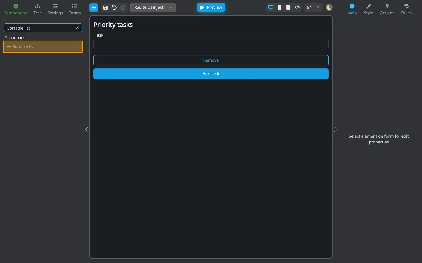 Components tab with Sortable list highlighted in the palette search.
