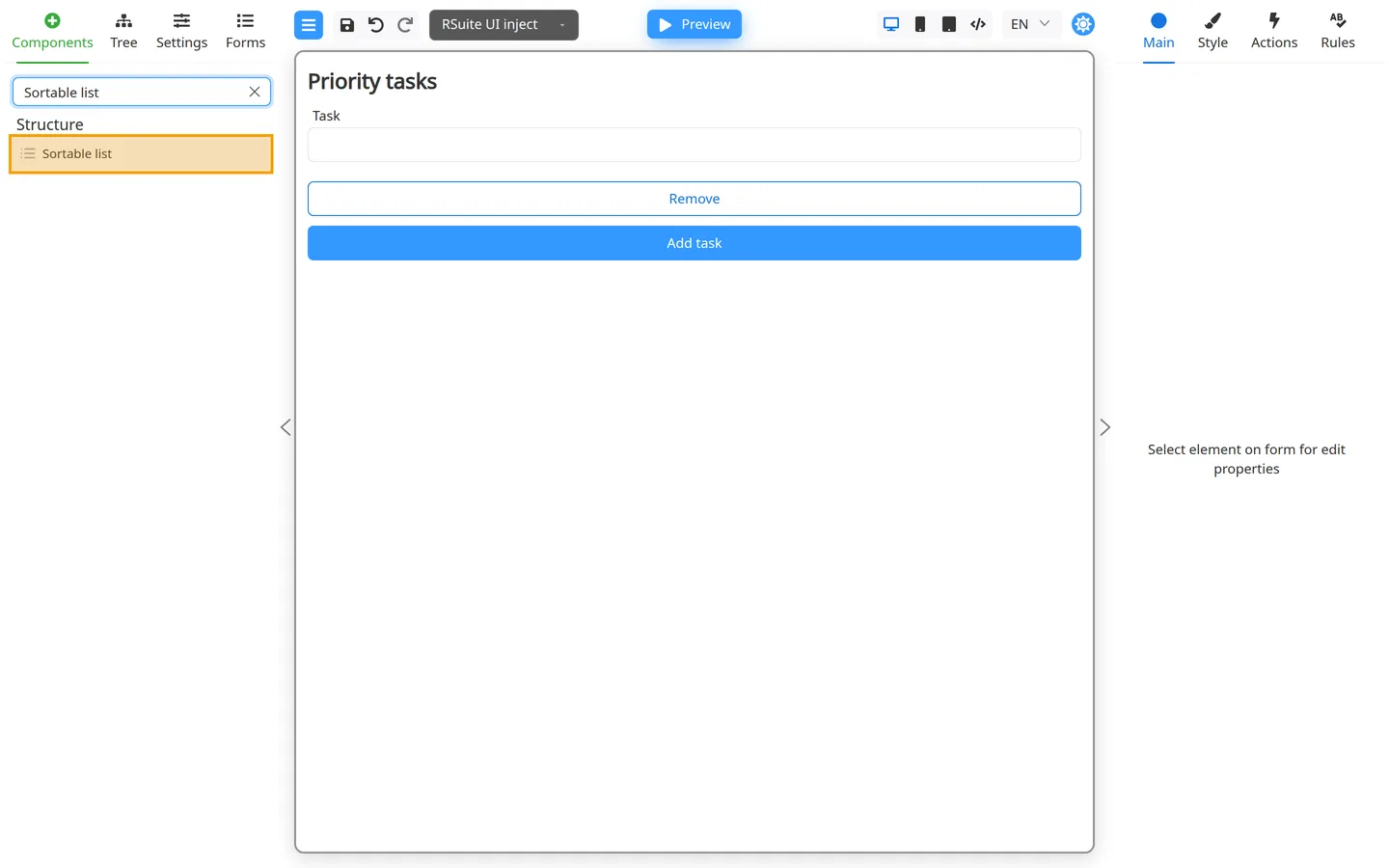 Components tab with Sortable list highlighted in the palette search.
