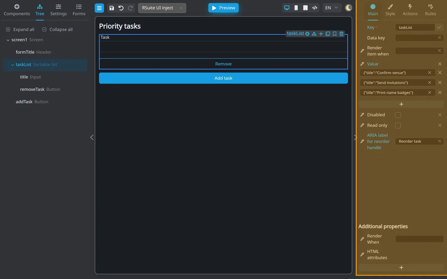 Main properties for Sortable list showing Disabled, Read only, and ARIA label for reorder handle.