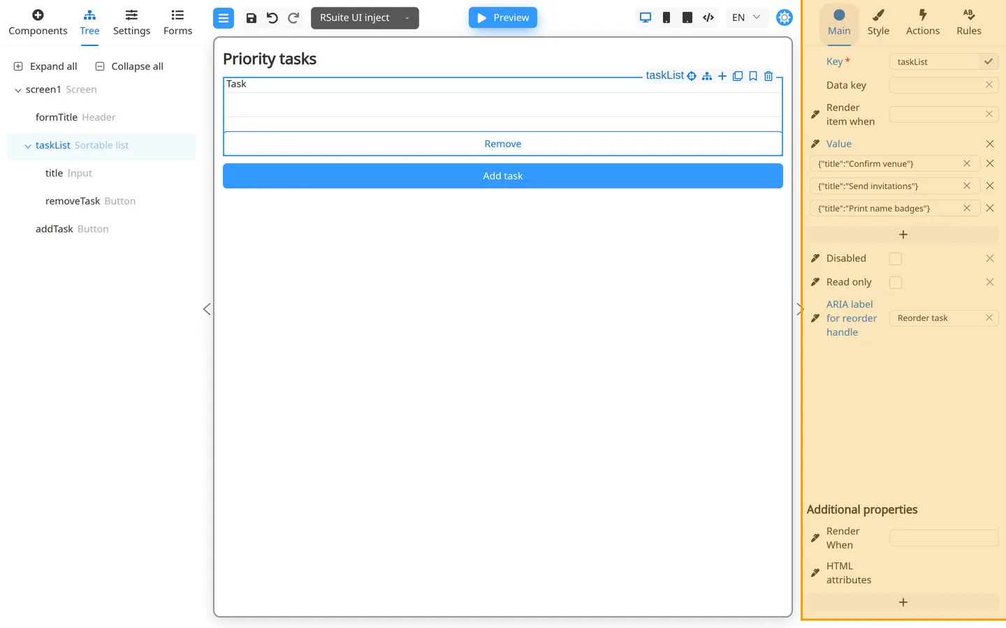 Main properties for Sortable list showing Disabled, Read only, and ARIA label for reorder handle.