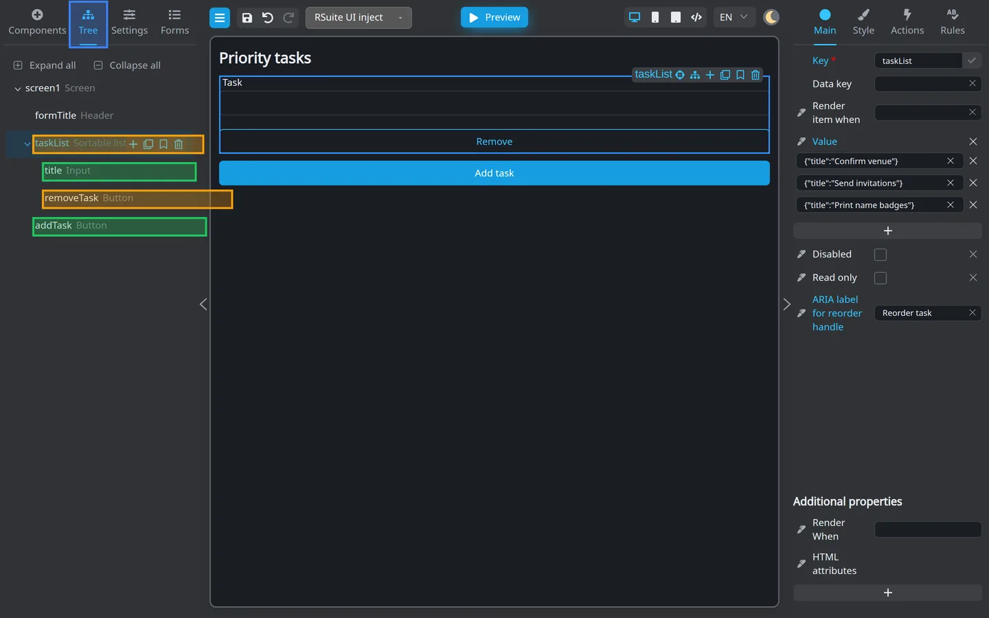 Tree tab showing taskList with Task field and Remove button nested under it.