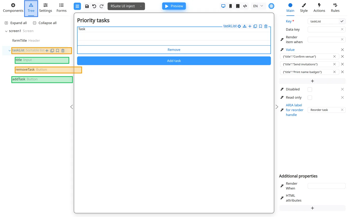 Tree tab showing taskList with Task field and Remove button nested under it.