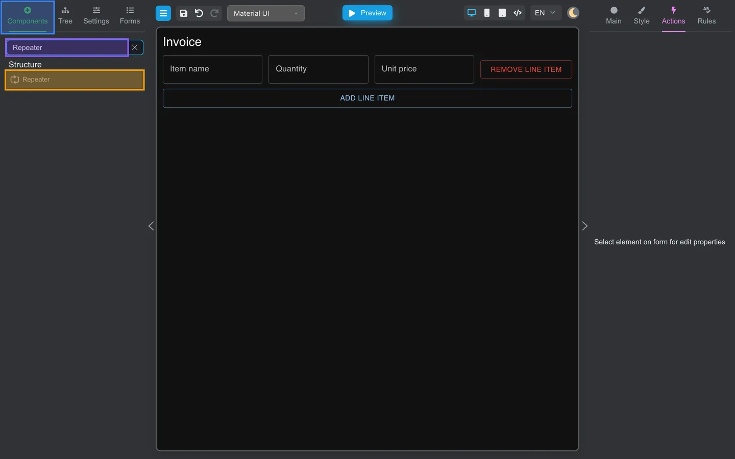 Components tab open with Repeater highlighted in the palette search.