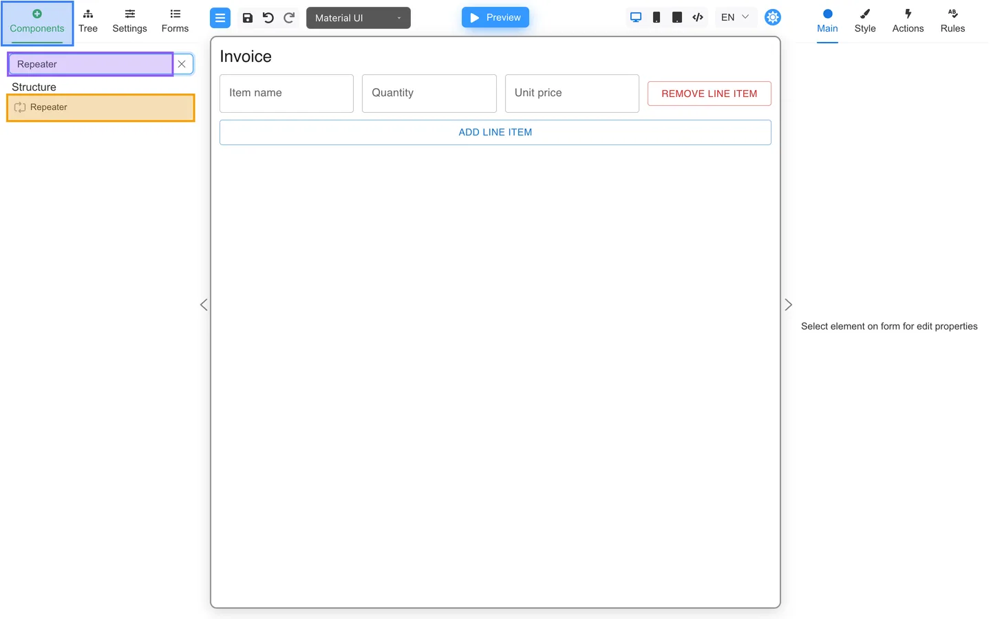 Components tab open with Repeater highlighted in the palette search.