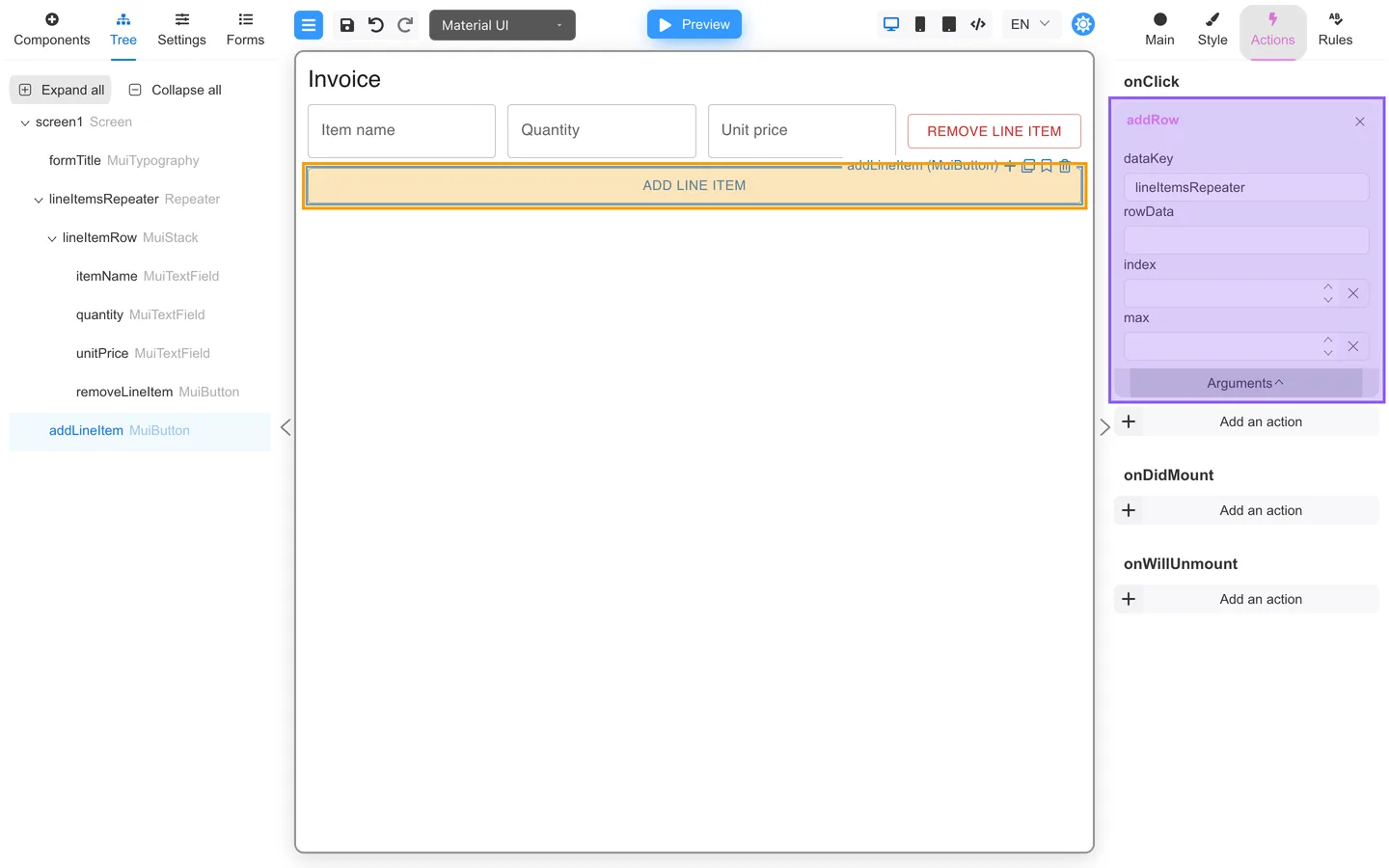 Invoice form with Add line item highlighted below the repeater and its addRow action visible.