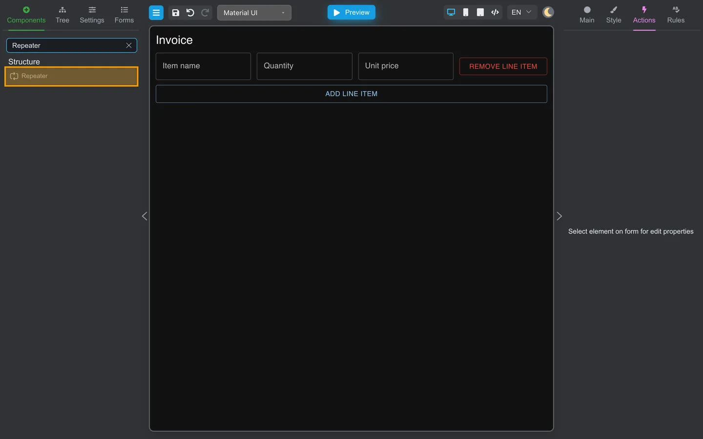 Components tab open with Repeater highlighted in the palette.
