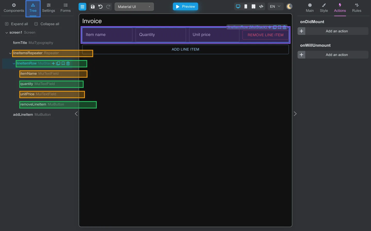 Tree tab showing lineItemsRepeater with lineItemRow and nested text fields.