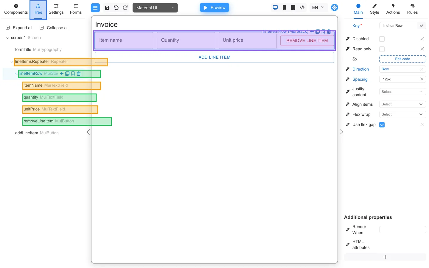 Tree tab showing lineItemsRepeater with lineItemRow and nested text fields.