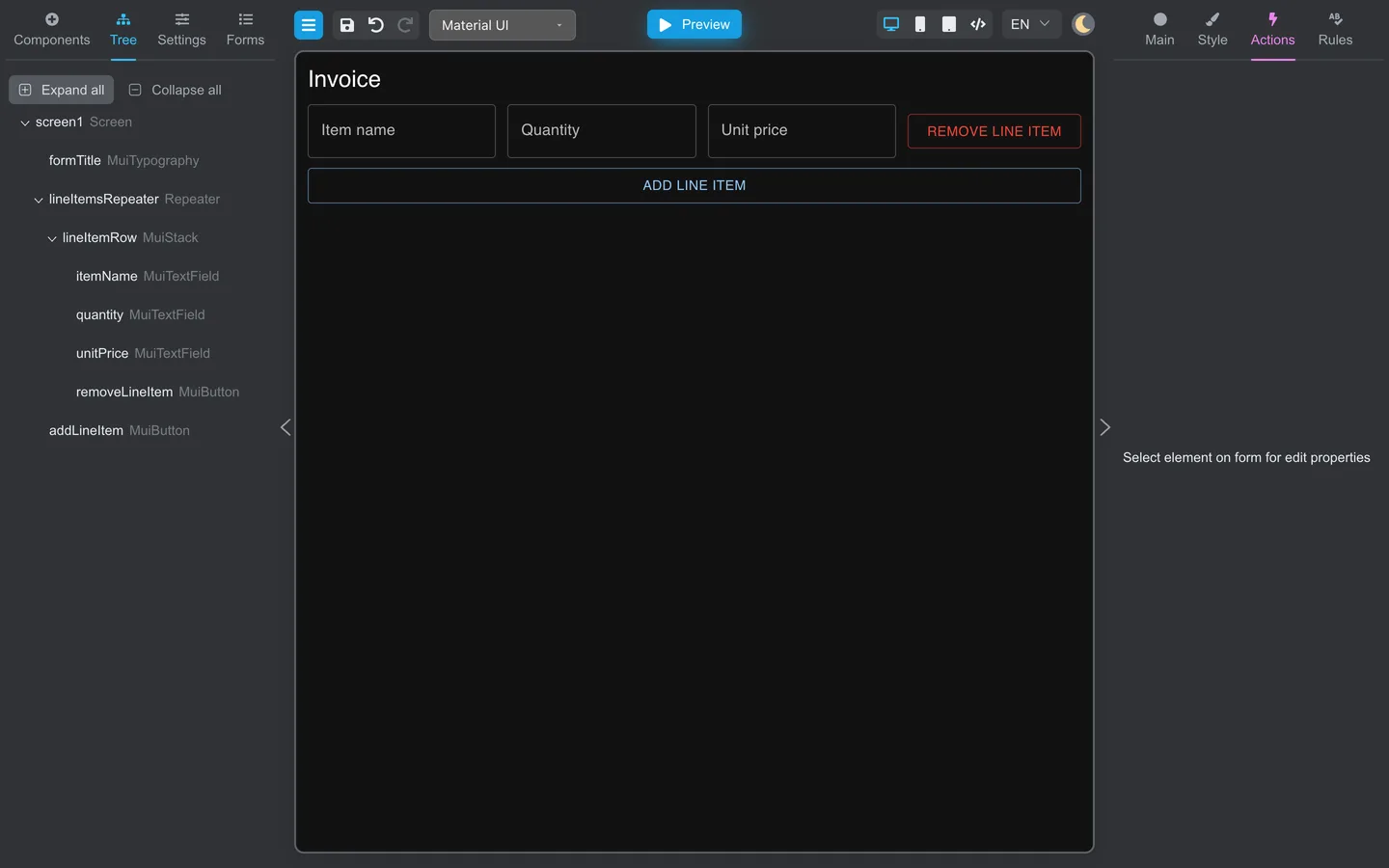 Tree tab showing removeLineItem inside lineItemRow and addLineItem below lineItemsRepeater.