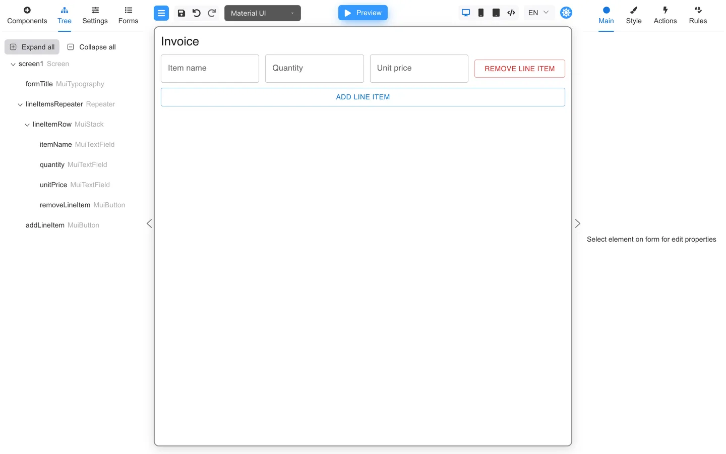 Tree tab showing removeLineItem inside lineItemRow and addLineItem below lineItemsRepeater.