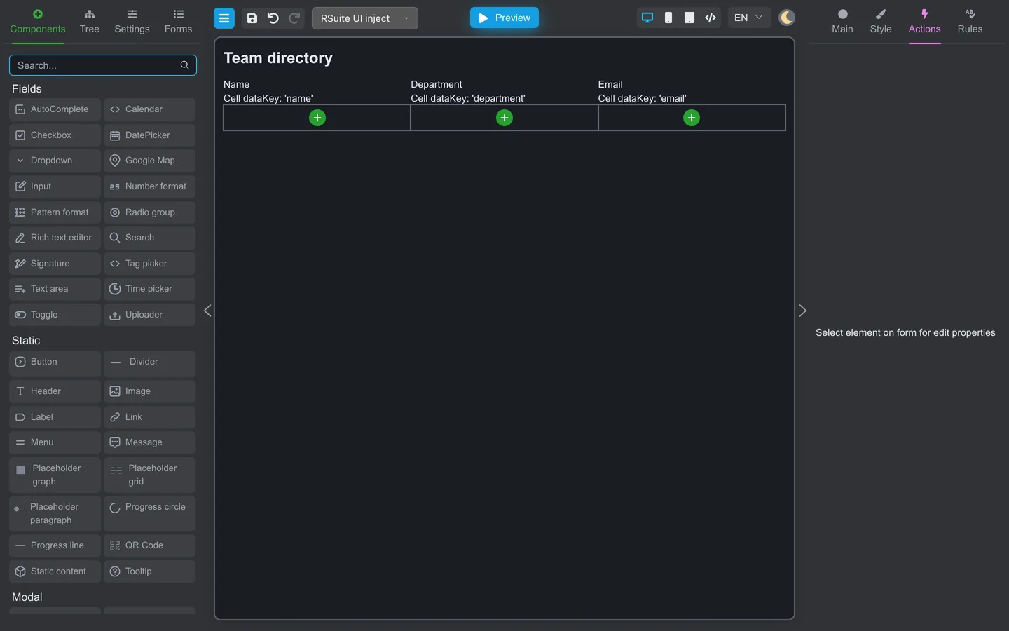 Team directory table on the canvas with Name, Department, and Email columns.