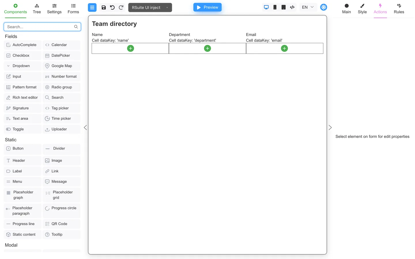 Team directory table on the canvas with Name, Department, and Email columns.