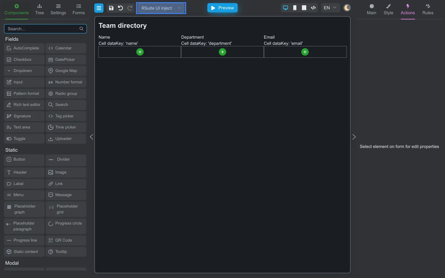 Top toolbar with RSuite UI inject selected for table components.