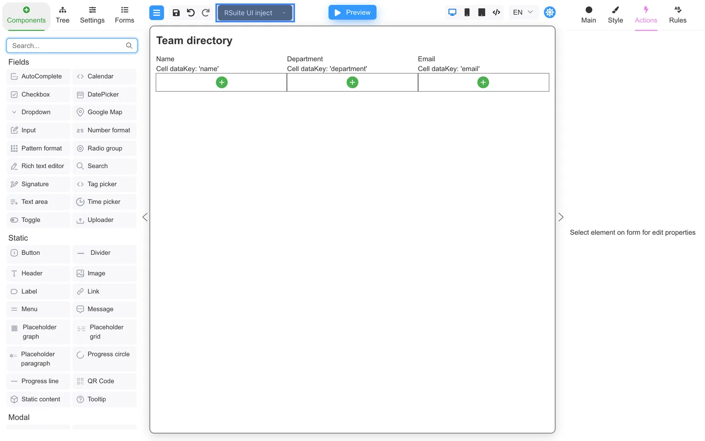 Top toolbar with RSuite UI inject selected for table components.