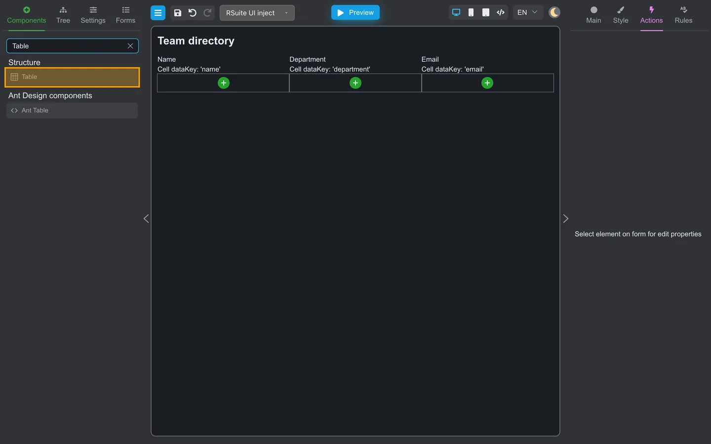 Components tab open with Table highlighted in the palette search.