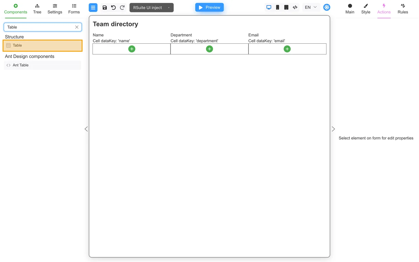 Components tab open with Table highlighted in the palette search.