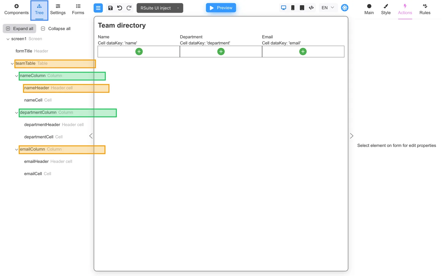 Tree tab showing teamTable with nameColumn, departmentColumn, and emailColumn.