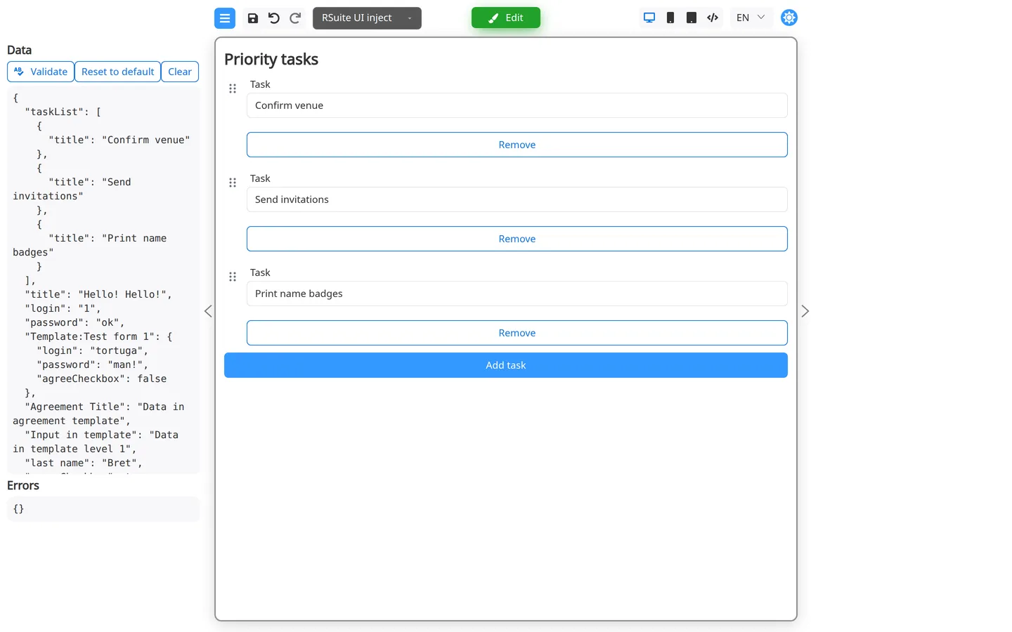 Preview mode showing three priority tasks with drag handles on the left of each row.