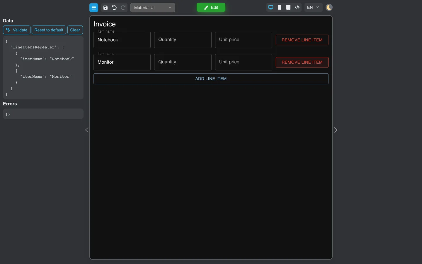 Preview mode showing two invoice rows after adding rows and removing the middle line item.