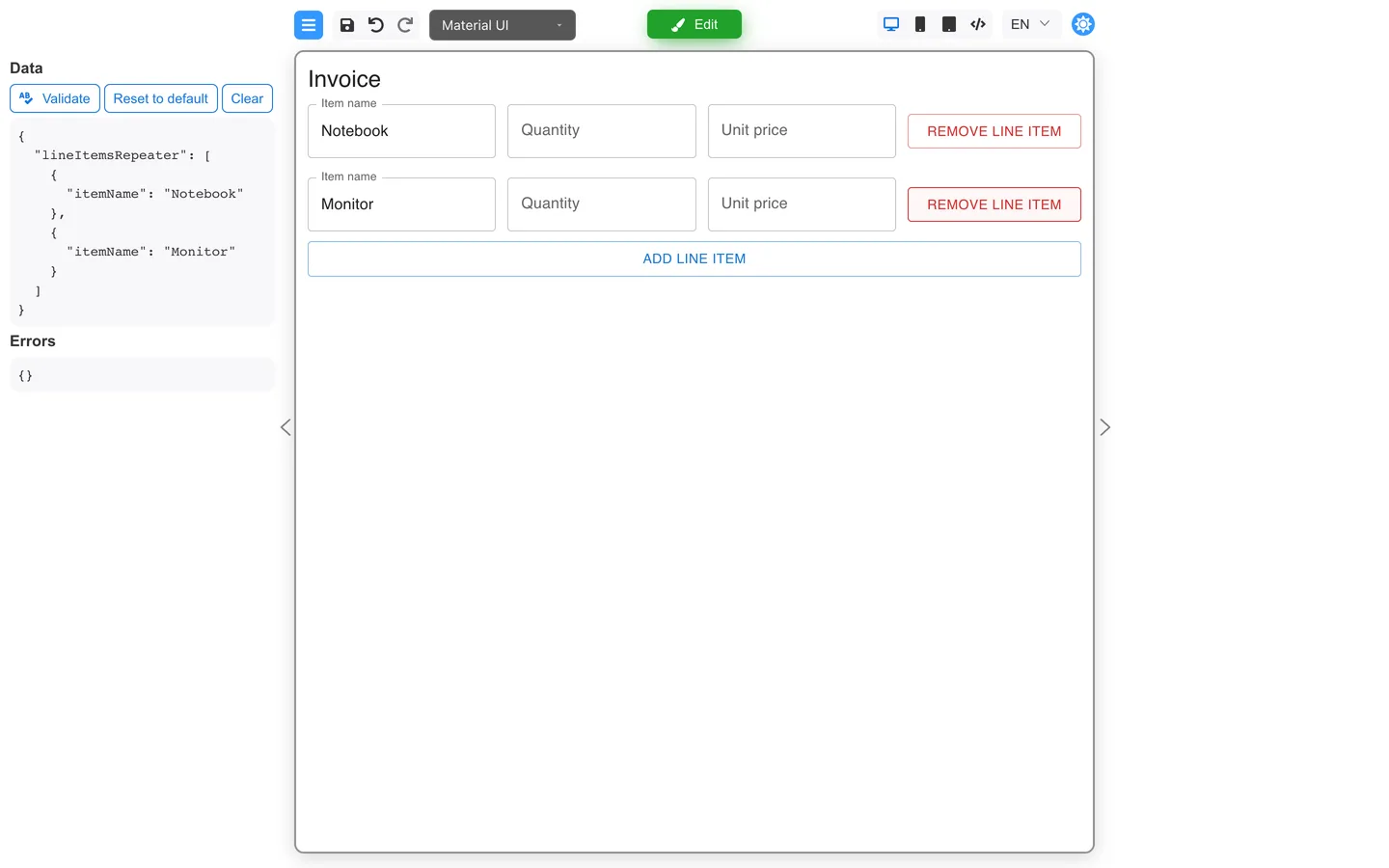 Preview mode showing two invoice rows after adding rows and removing the middle line item.