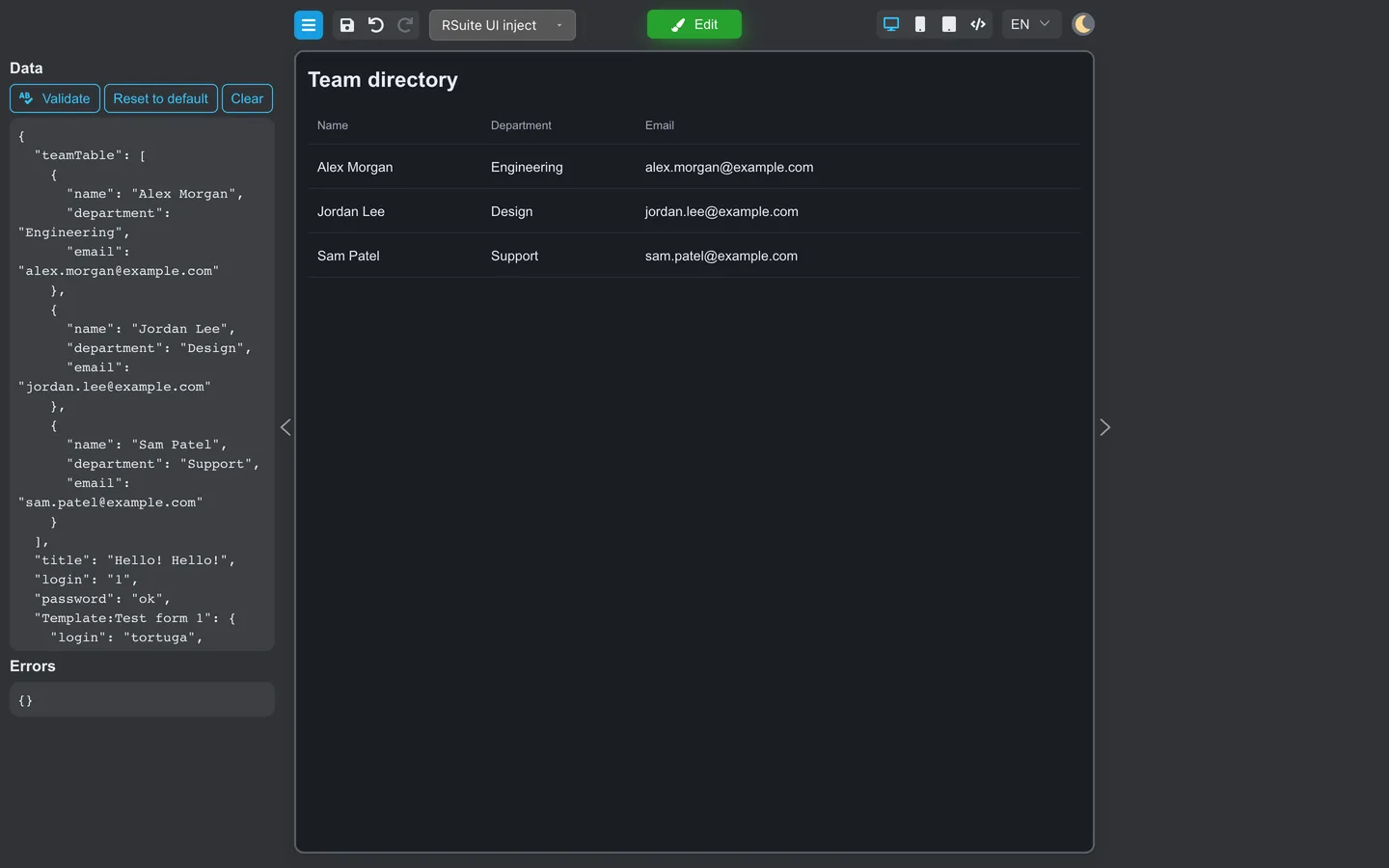 Preview mode showing Team directory table with sample rows.