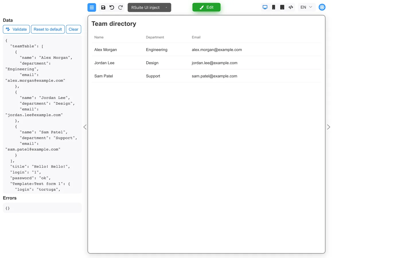 Preview mode showing Team directory table with sample rows.
