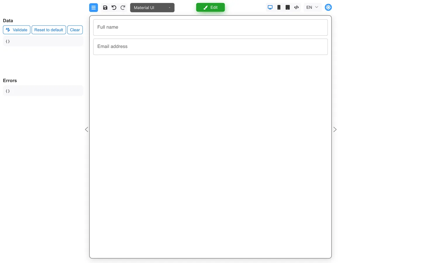 Preview mode with Full name and Email address fields.